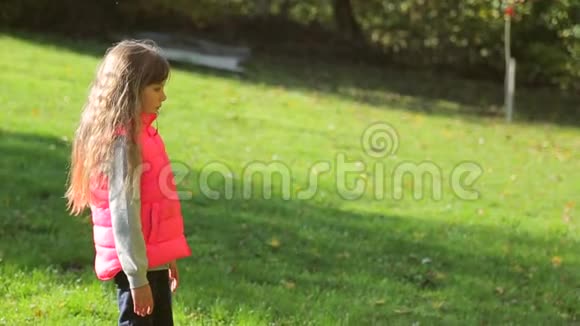 小女孩走在秋天的公园里镜头移动到轮廓与女孩步视频的预览图