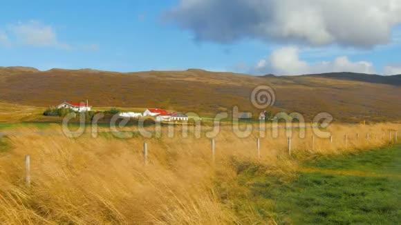 冰岛小农场的建筑在山脚下风吹着耳朵和草视频的预览图
