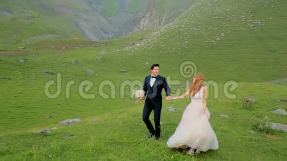 新婚夫妇在美丽的群山背景下漫步在草地上视频的预览图