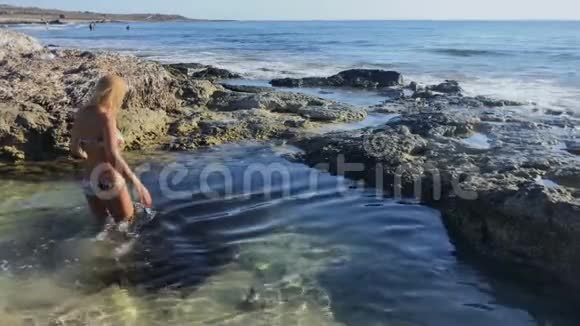 女人从海底捡起海藻视频的预览图