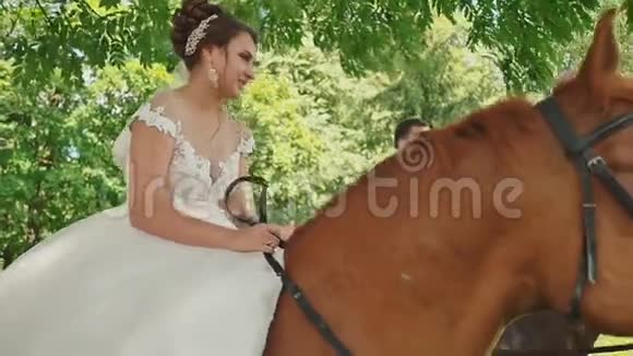 婚礼当天新娘和新郎坐在一个美丽的绿色公园里骑着华丽的马一起快乐视频的预览图
