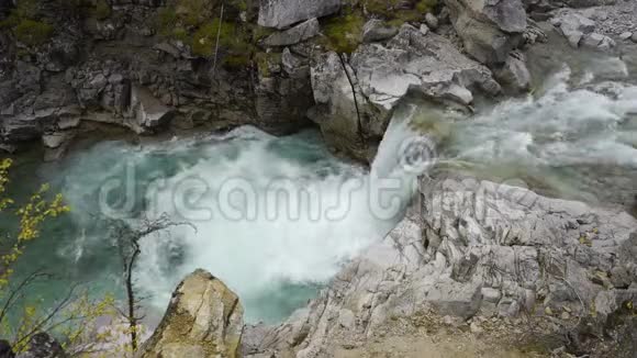 绿色森林中的瀑布神奇的山河瀑布岩石和干净的水视频的预览图
