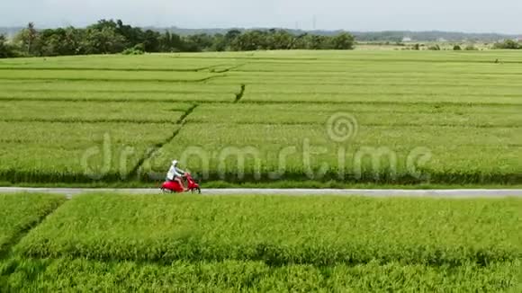 摩托车司机骑在稻田上户外拍摄乡村景观旅游和体育摄影速度视频的预览图