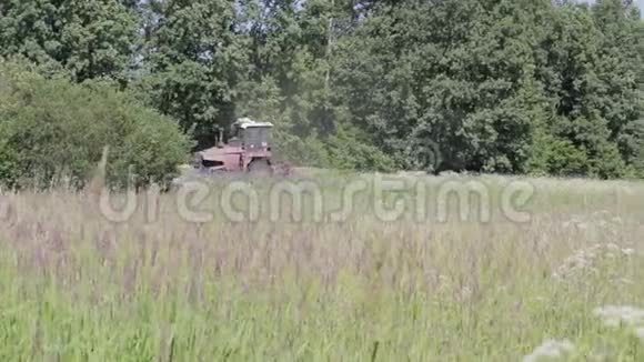 工业割草机在田野上对森林和灌木丛工作视频的预览图