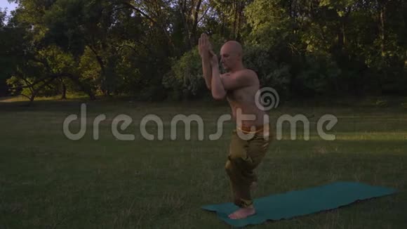 带裸托的年轻瑜伽师在森林里的草地上做瑜伽视频的预览图