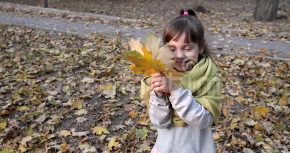 戴暖和围巾的漂亮孩子在秋天的树叶背景上玩枫叶视频的预览图
