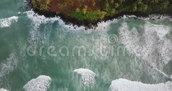 无人机顶视图锁定拍摄美丽的泡沫海浪到达风景如画的异国海岸与热带树木视频的预览图