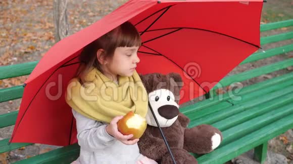 可爱的小女孩在大自然的伞下的木凳上在玩具熊旁边吃大红苹果视频的预览图