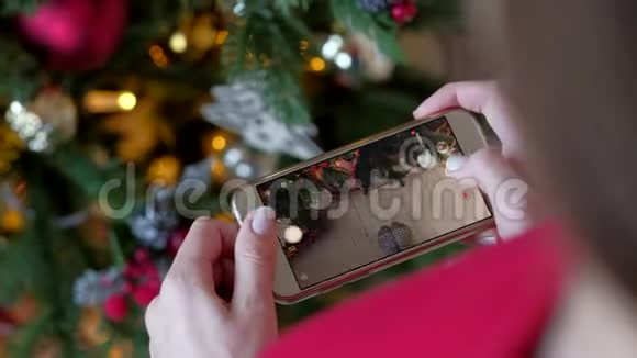 在家里的智能手机圣诞树上拍照的女人视频的预览图