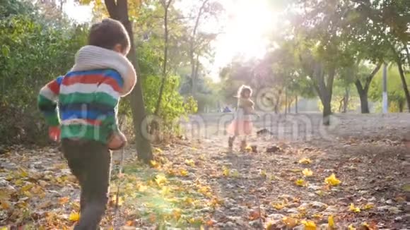 秋天的游戏小女孩和小男孩在温暖的一天和她的狗在公园背光慢跑视频的预览图