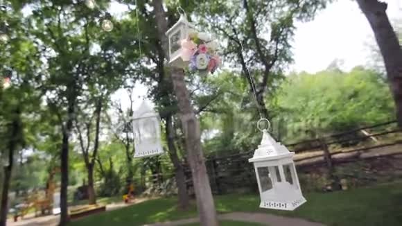 婚礼场上装饰圣诞树的高清特写镜头视频的预览图