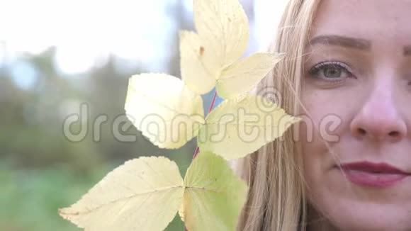 美丽的微笑金发女孩的肖像秋天的树叶在森林里4K慢动作3840x2160视频的预览图