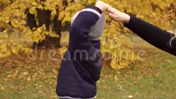 妈妈和她快乐的儿子在秋天公园玩视频的预览图
