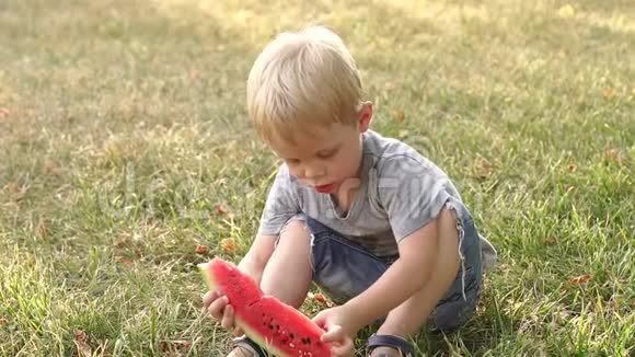 一个小男孩夏天在公园吃西瓜视频的预览图