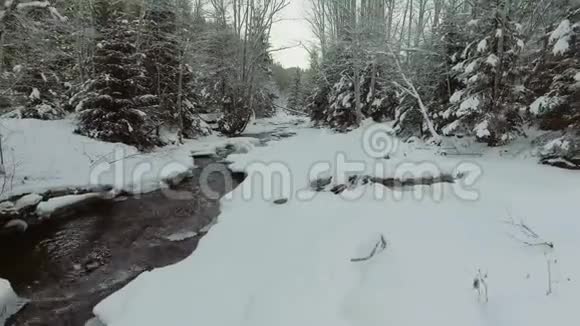 空中飞行冬季飞越河流下雪视频的预览图