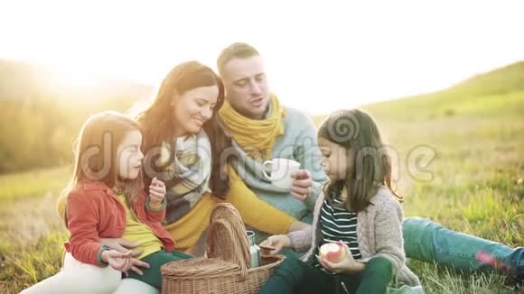 一个年轻的家庭有两个小孩子在秋天的大自然里野餐视频的预览图