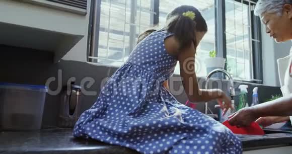 女孩和母亲看着奶奶洗碗视频的预览图