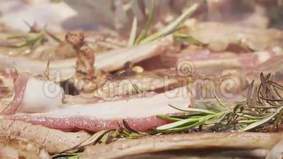 肉n烤架加迷迭香胡椒和盐视频的预览图