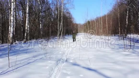 在森林里骑着滑雪板走着视频的预览图