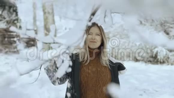 在雪地森林里走来走去的漂亮女人视频的预览图