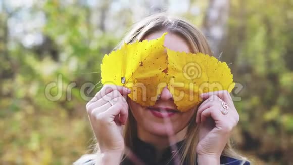 秋天森林里黄叶嬉戏可爱的少女画像3840x2160慢动作视频的预览图