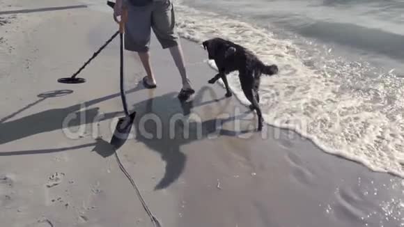 带金属探测器的人在海滩上视频的预览图