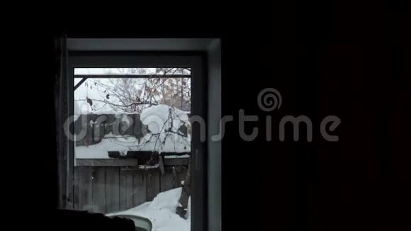 乡间别墅外的冬景雪中的木栅栏和树木视频的预览图