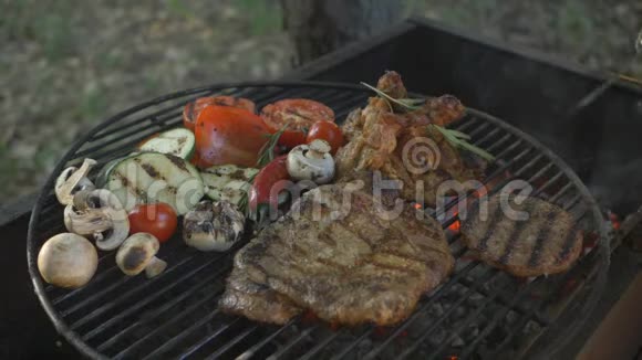 美味可口的烧烤汉堡牛排烤鸡腿新鲜蔬菜和夏季野餐的香料视频的预览图
