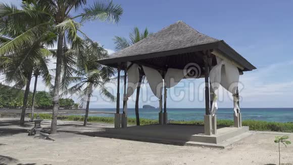 海滨度假胜地热带海滩岸边棕榈树之间的乔木视频的预览图