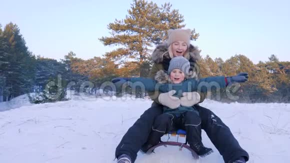 冬天的自然幸福的家庭乘坐雪橇从雪山在森林中缓慢的运动视频的预览图