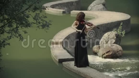 穿裙子的漂亮女孩在户外拉小提琴森林中优雅的小提琴手视频的预览图