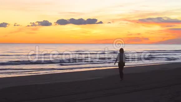年轻女子在美丽的夕阳下享受沙滩视频的预览图
