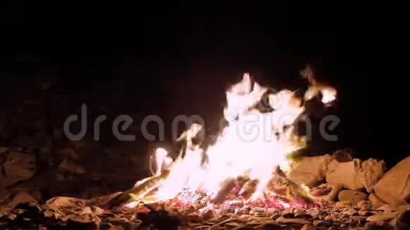 夜晚篝火在黑暗中燃烧在石头上视频的预览图