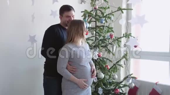 年轻快乐的家庭丈夫在画室窗户旁美丽的圣诞树旁拥抱他怀孕的妻子视频的预览图