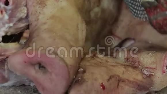 屠夫把猪头上的皮夹起来视频的预览图