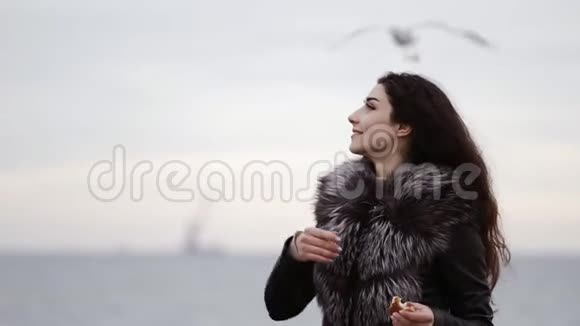 一个年轻漂亮的黑发女人的肖像穿着毛皮大衣冬天在海边喂海鸥慢镜头视频的预览图