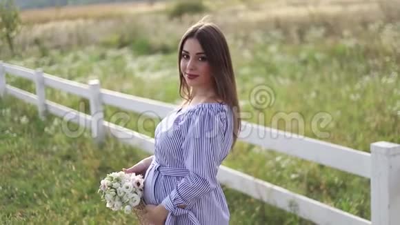 迷人的孕妇摆出相机和微笑女人站在大自然中在农场附近散步慢慢慢慢视频的预览图