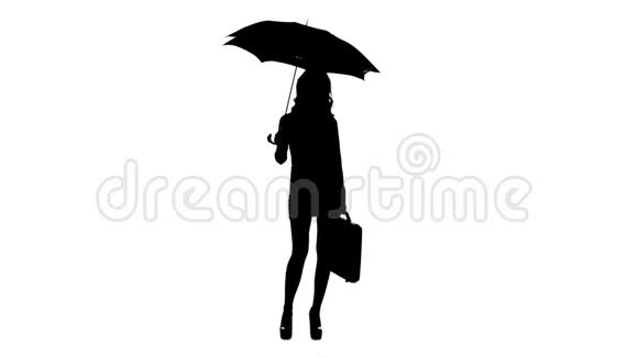 带伞的女孩手里拿着一个公文包白色背景剪影视频的预览图