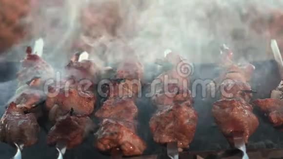 在布拉齐尔户外进行近距离烟熏烧烤烹饪烤火烧肉串视频的预览图