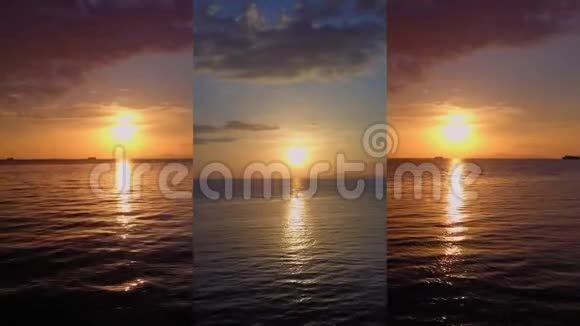 移动设备上社交媒体应用的垂直视频紫色日落时海景鸟瞰图视频的预览图