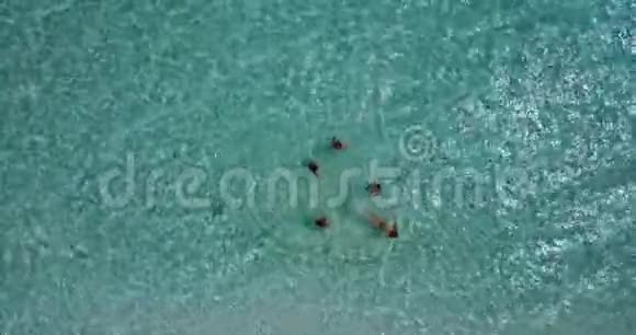 5名年轻女子在阳光岛白沙滩碧海天的海水上从空中无人机观看打球视频的预览图