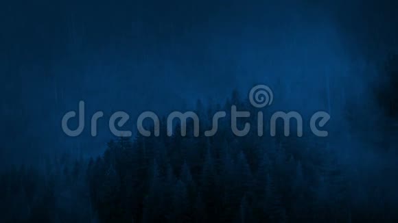 夜幕降临雾中森林山坡上的雨视频的预览图