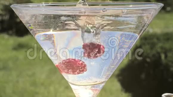 树莓在玻璃中溅入水中有机浆果健康食品视频的预览图