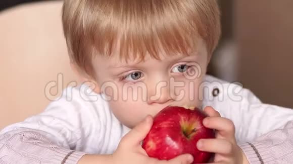 小孩子正坐在桌子旁咬着红苹果视频的预览图