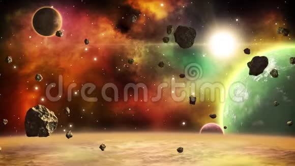 无缝宇宙背景有行星小行星和星云的空间场景视频的预览图