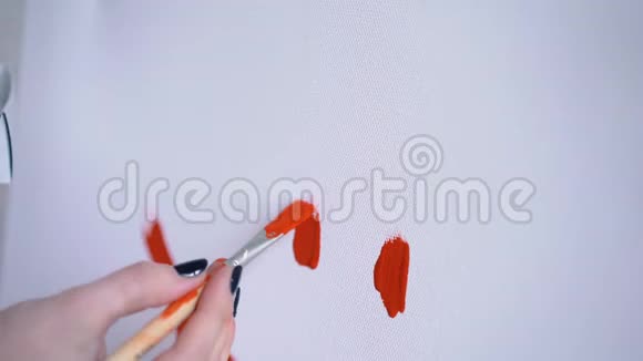 一个女孩的艺术家在白色的帆布上画了一个微笑视频的预览图