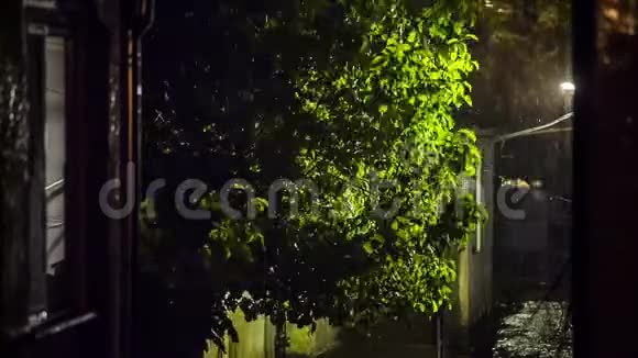 夜晚街道上强烈的倾盆大雨视频的预览图