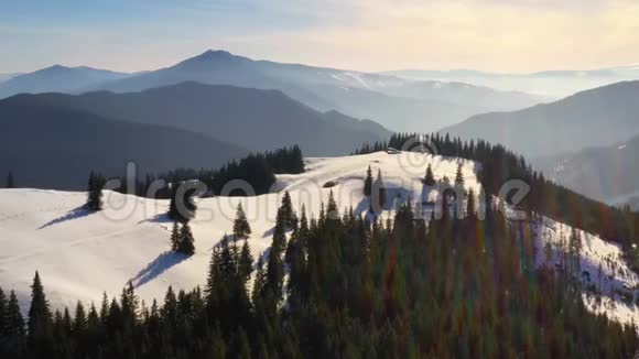 日出时绿林和雪山视频的预览图