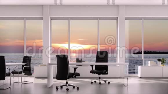 在现代办公室与窗外海面上的日落进行交易后的商务握手视频的预览图