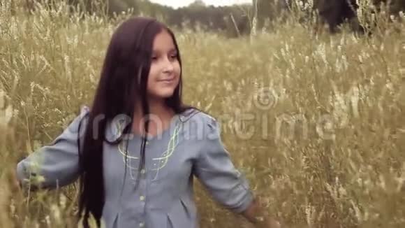 肖像一个美丽的小女孩正走在高高的草地上幸福地微笑着慢动作视频的预览图